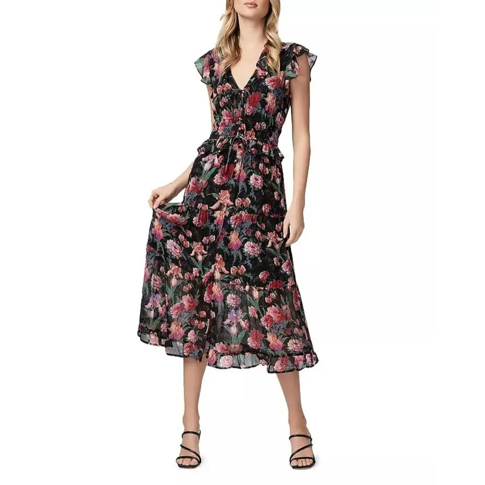 Paige Paradis 100% Silk Ruffle Floral Midi Dress M Dark Romantic Wedding Guest - Picture 1 of 13
